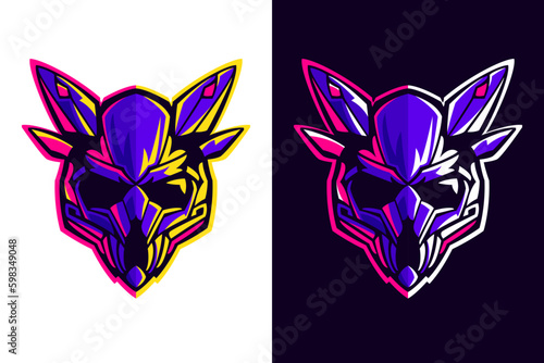 Skull in pilot, astronaut or alien helmet. Esports gaming high detailed logos set. Violet bones with vivid lights.