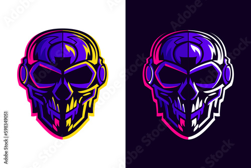 Skull in pilot, astronaut or alien helmet. Esports gaming high detailed logos set. Violet bones with vivid lights.