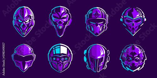 Skull in pilot, astronaut or alien helmet. Esports gaming high detailed logos set. Violet bones with vivid lights.
