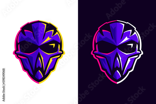 Skull in pilot, astronaut or alien helmet. Esports gaming high detailed logos set. Violet bones with vivid lights.