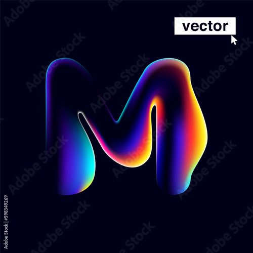 M letter logo with neon glitch. Multicolor gradient sign with double exposure and illusion effect.