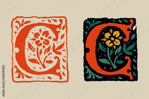 C letter medieval grunge gothic initial. 16th century engraved drop cap. Blackletter style vintage font.