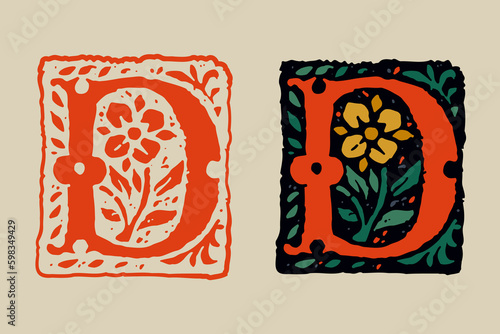 D letter medieval grunge gothic initial. 16th century engraved drop cap. Blackletter style vintage font.