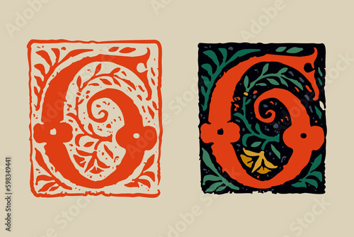 G letter medieval grunge gothic initial. 16th century engraved drop cap. Blackletter style vintage font.