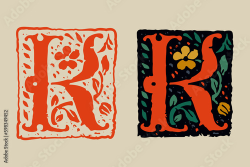 K letter medieval grunge gothic initial. 16th century engraved drop cap. Blackletter style vintage font.