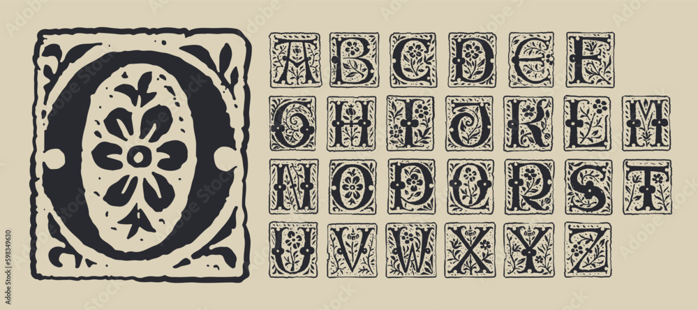 Medieval alphabet. Grunge gothic initials. 16th century engraved drop caps. Blackletter style vintage font.
