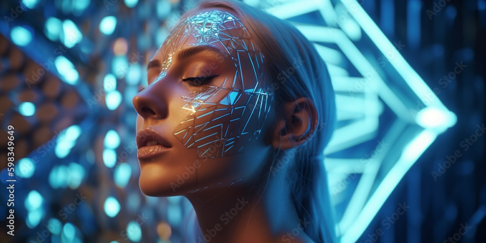 Hübsches Model mit tollem Gesicht und dekorative Streifen in Silber, ai generativ Hübsches Model mit tollem Gesicht und dekorative Streifen in Silber, ai generativ
