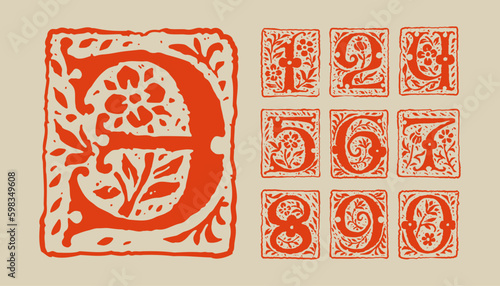 0 to 9 numbers set. Medieval grunge gothic initial. 16th century engraved drop cap.