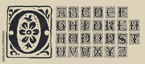 Medieval alphabet. Grunge gothic initials. 16th century engraved drop caps. Blackletter style vintage font.