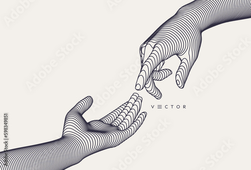Hands reaching towards each other. Concept of human relation, togetherness or  partnership. 3D vector illustration. Can be used for advertising, marketing or presentation.