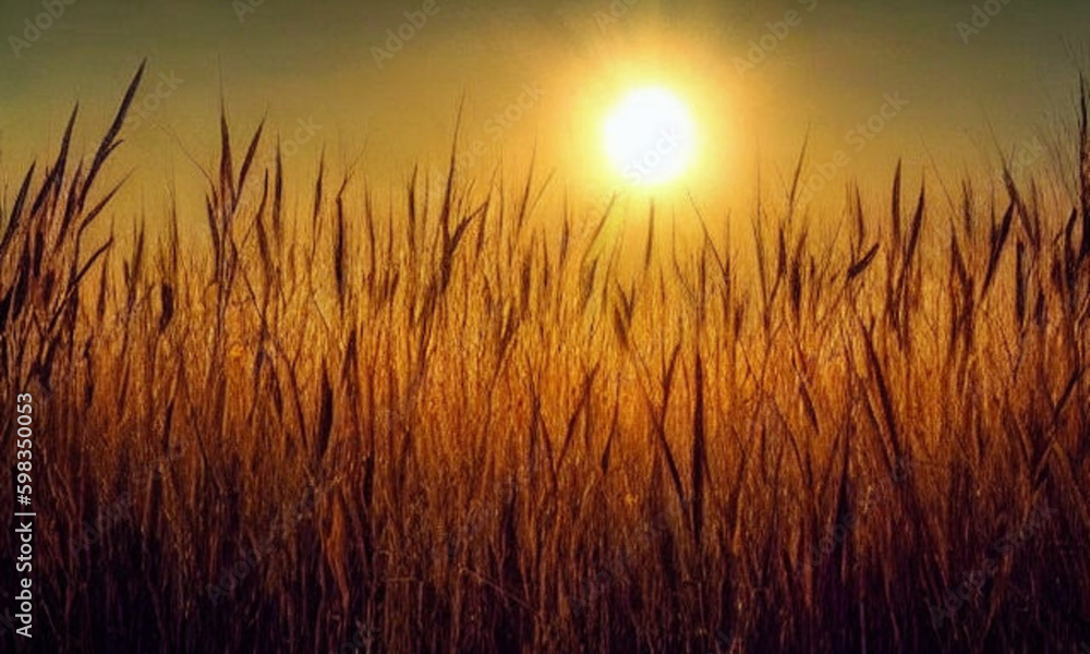 A field with the sun in the background. The countryside is vast and open, with tall green grasses stretching to the horizon. The sun is setting, its soft golden glow covering everything.
Generative AI