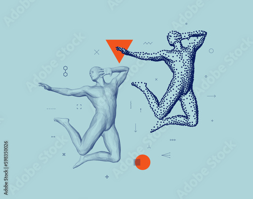Man is dancing. Battle with yourself. Gymnastics activities for icon health and fitness community. Sport symbol. Design element. 3D vector illustration composed of particles in сoarse and fine style.