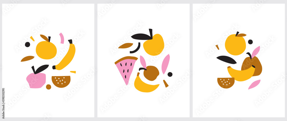 Cute Infantile Style Fruits Vector Illustration. Abstract Hand Drawn Apple, Banana, Pear and Melon Isolated on a White Background. Pink, Yellow and Brown Fruits Print ideal for Card, Wall Art, Poster.