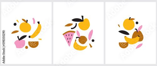 Cute Infantile Style Fruits Vector Illustration. Abstract Hand Drawn Apple, Banana, Pear and Melon Isolated on a White Background. Pink, Yellow and Brown Fruits Print ideal for Card, Wall Art, Poster.