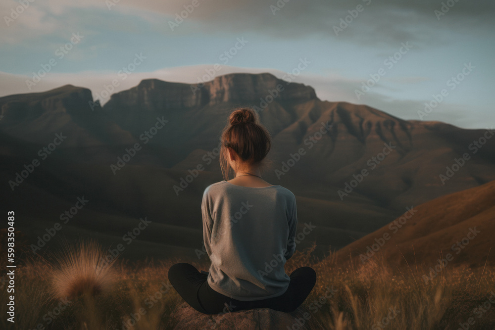 Woman meditating in lotus pose on cliff with mountain view