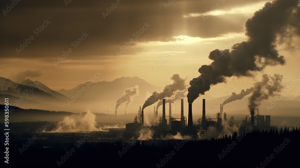 Air pollution from power plant chimneys. AI generation