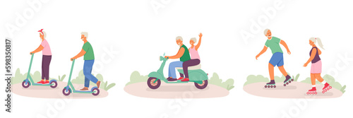 Set of active happy old people riding bike, kick scooter and rollerblading outside