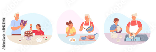 Children and adult people baking together at home