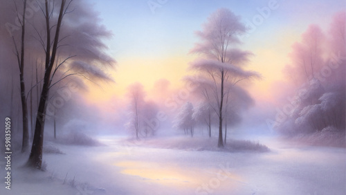 Generative AI illustration. Winter landscape, forest © ElviX