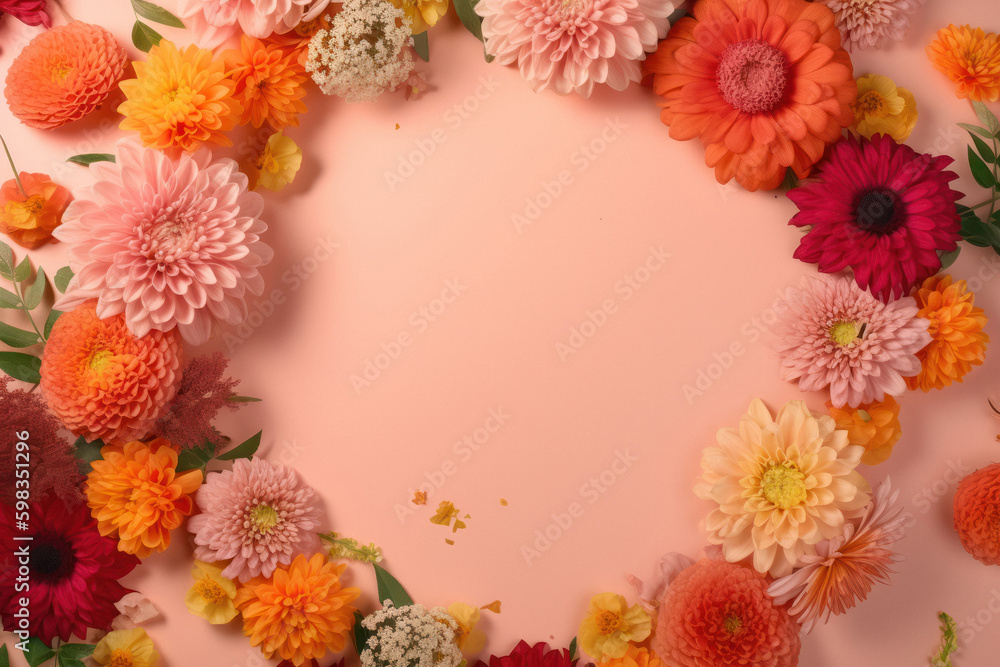 Fototapeta premium Decorated Flower Wreath with Space for Personalized Message, Top-Down View