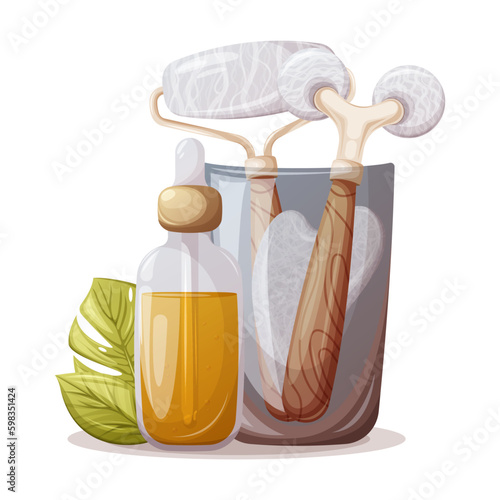 Glass cup with rollers and gua sha of natural stone, white agate, rose quartz for face and body massage. Bottle with a pipette with oil serum. Concept for skin care. Trendy vector illustration.