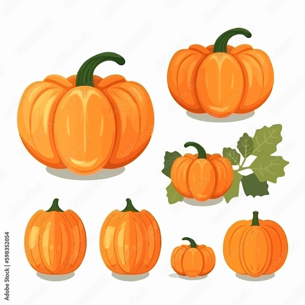 Set of vector illustrations portraying pumpkins in different settings, such as fields, farms, and autumn landscapes. Set of vector illustrations portraying pumpkins in different settings, such as fields, farms, and autumn landscapes.