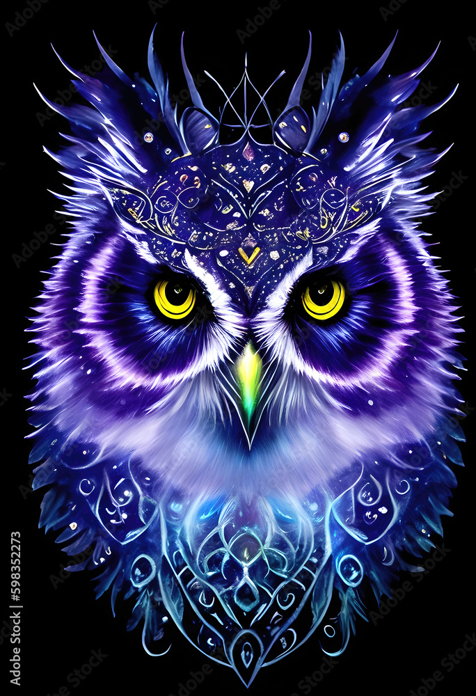 Owl head isolated on black background, king owl artictic illustration. Generative Ai.
