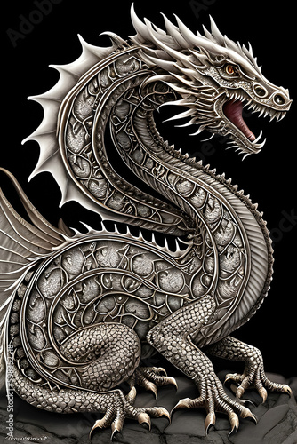 Chinese Dragon design illustration. Traditional mystical creature detailed and ornate drawing. Generative Ai. © Cobalt