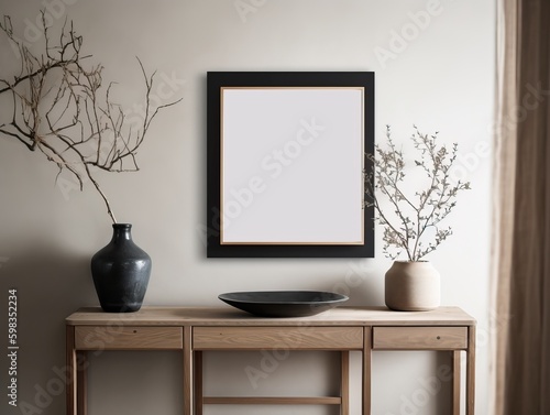 Warm neutral wabi sabi style minimalist interior mockup with black square poster frame, jute decoration, ceramic jug, table and dried herb, branches, against empty concrete wall. 3d rendering © Eli Berr