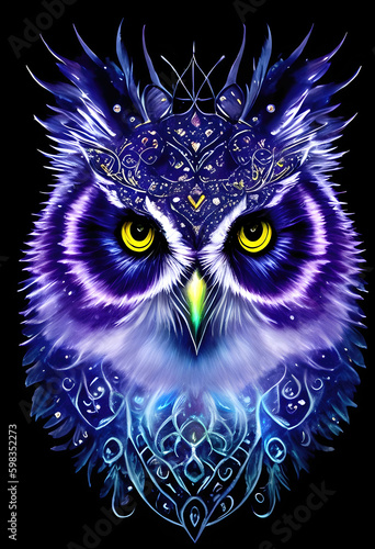Owl head isolated on black background, king owl artictic illustration. Generative Ai.