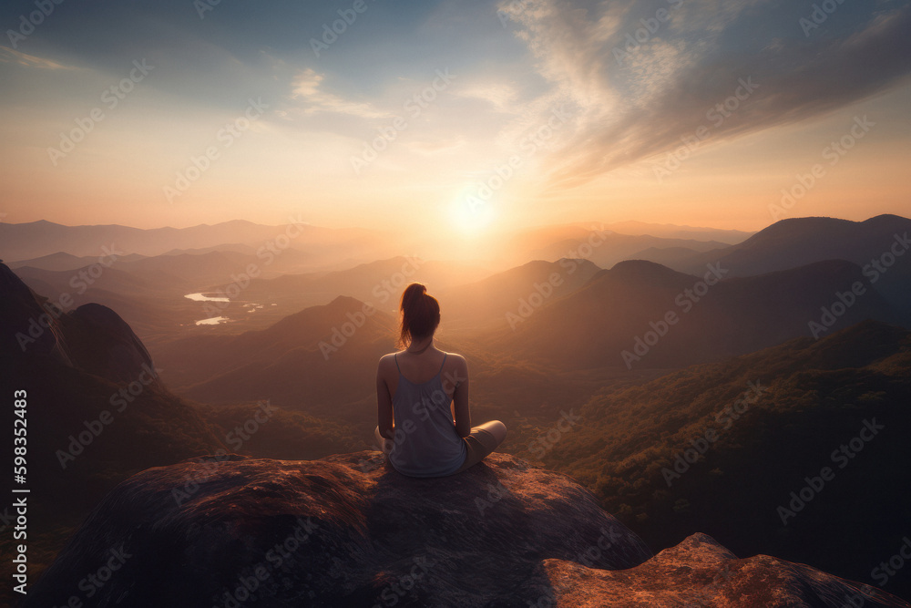 Woman Meditating in Lotus Pose on Cliff with Scenic View