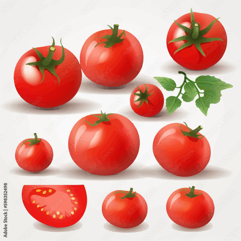 Set of vector illustrations featuring whole, sliced, and cherry tomatoes. Set of vector illustrations featuring whole, sliced, and cherry tomatoes.