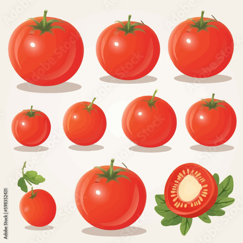 Set of vibrant tomato vector illustrations showcasing their juicy and ripe appearance.