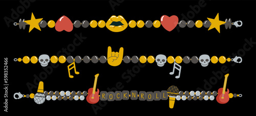 Abstract vector plastic beads colorful kids bracelets illustration set. Rock N Roll old school 90s cartoon style wristbands collection with guitars, microphone, stars and devil horns symbols Isolated