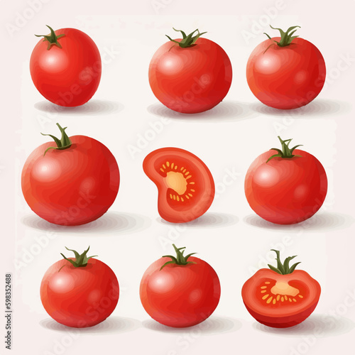 Collection of vector illustrations featuring a variety of tomato shapes and colors.