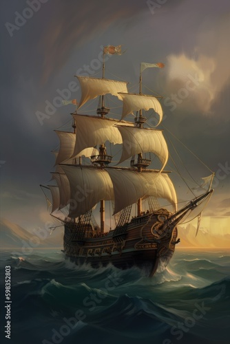 Tablou canvas A painting of a sailing ship in the ocean. AI generative image.