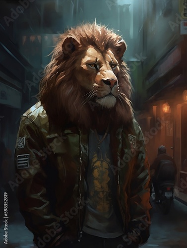 Lion posing in a dark leather jacket. Cyberpunk background. Generative Ai.