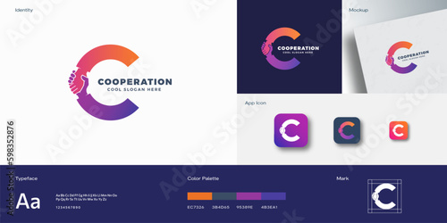 Cooperation Abstract Vector Sign, Symbol or Logo Template. Hand Shake Incorporated in Letter C Concept.