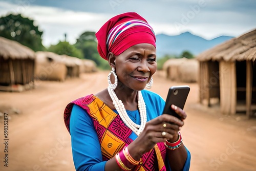 African woman using mobile phone in a village rural area set up. Generated by AI photo