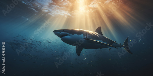 Weißer Hai, Sonnenstrahlen brechen im Meer, ai generativ