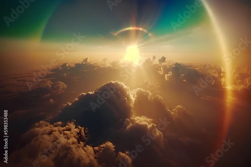 Flight through cloudscape at sunset golden hour with beautiful rainbow and lens flare aura. Heaven sky background with large clouds. Magical fantasy sky skyline as sunrise background. Generative AI