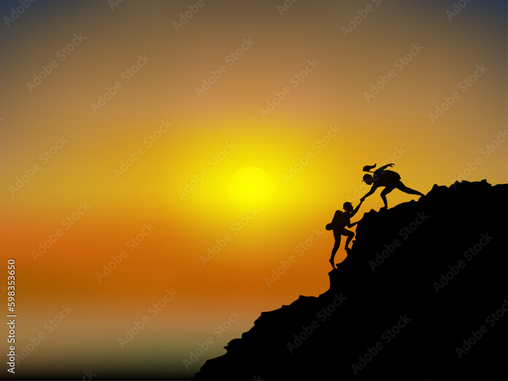 Visual drawing silhouettes of male and female hikers climbing up mountain with safety equipment and sunset in sea of background for vector illustration