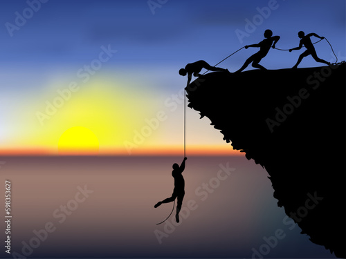 Visual drawing silhouettes of male hikers climbing up mountain and one of them giving hand and helping, support in a dangerous situation to climb and sunset of background for vector illustration