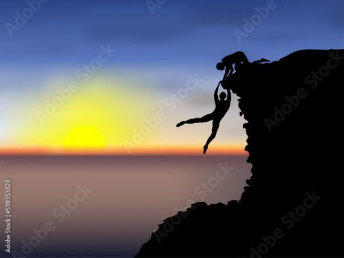 Visual drawing silhouettes of male hikers climbing up mountain with safety equipment and one of them giving hand and helping to climb and sunset in sea of background for vector illustration