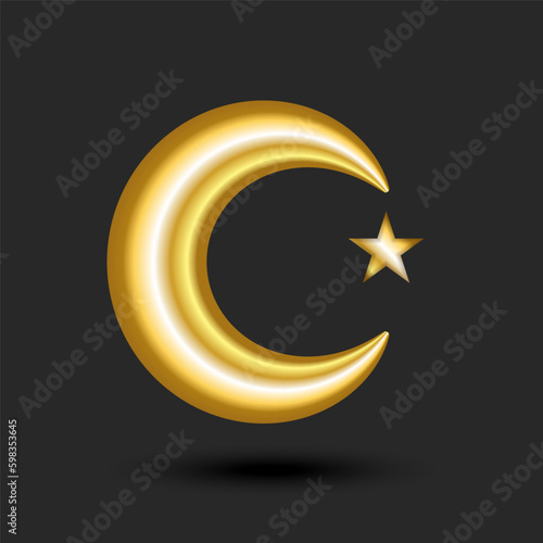 The golden star and crescent 3d clipart with shadows isolated on black background, is a iconographic symbol of Islam.