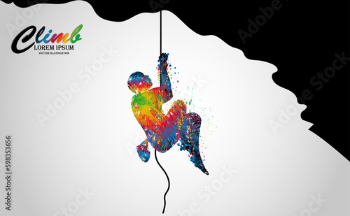 Art rappelling from Cliff. Beautiful athletic man wearing safety harness hikers climbing ledge on a cliff on rock mountain. Adventurer and extreme sport concept white background vector illustration