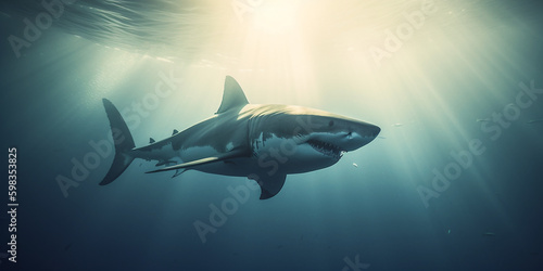 Weißer Hai, Sonnenstrahlen brechen im Meer, ai generativ © www.freund-foto.de