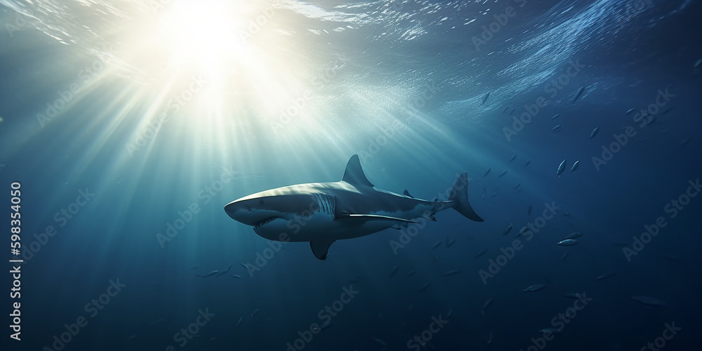 Fototapeta premium Weißer Hai, Sonnenstrahlen brechen im Meer, ai generativ