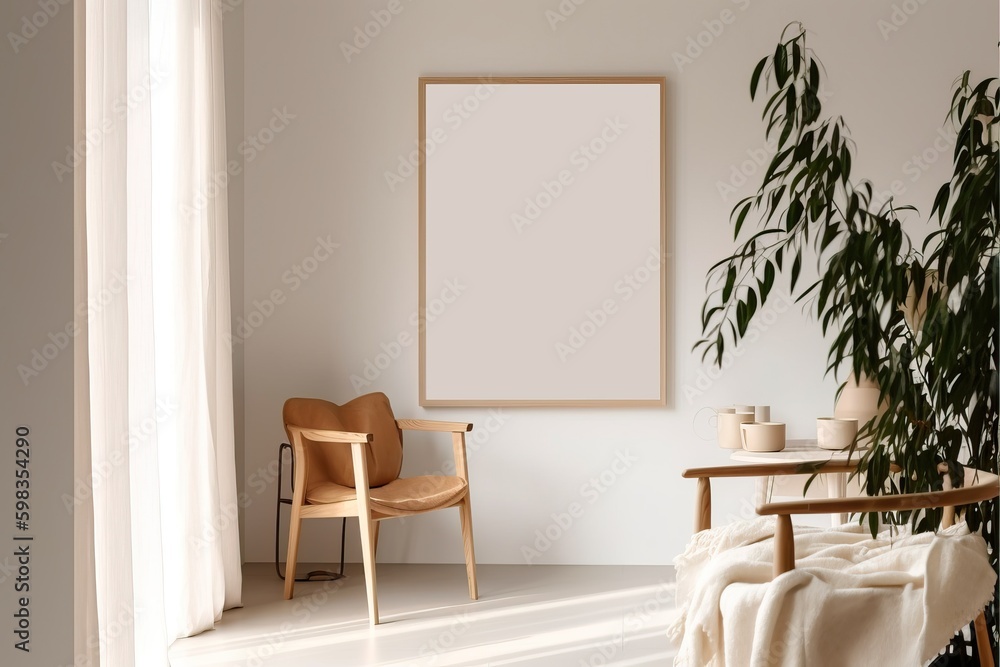 Fototapeta premium Warm neutral wabi sabi style minimalist interior mockup with poster frame with wooden dining table, chair, jute decoration, ceramic jug, plant, sunlight and shadow, against empty wall. 3d rendering