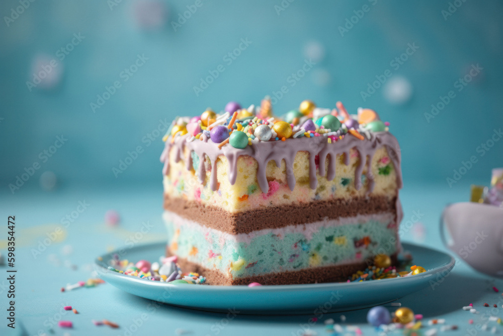 Colorful Birthday Cake with Sprinkles on Pastel Blue Background Colorful Birthday Cake with Sprinkles on Pastel Blue Background